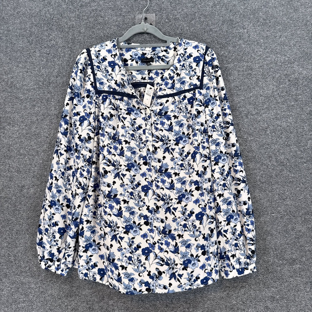 Talbots Blouse Womens Medium Blue Floral Lace Trim Button Front Casual NEW